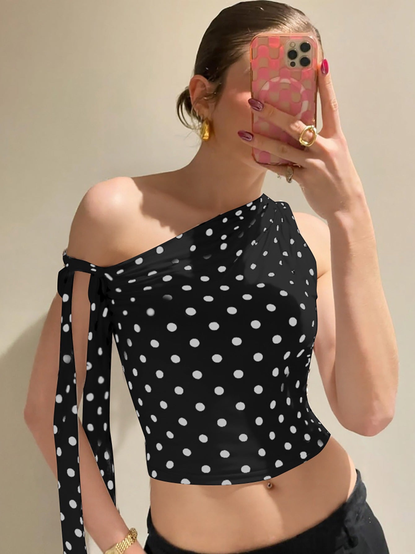 Trendy Polka Dot Off-Shoulder Tie T-Shirt for Women