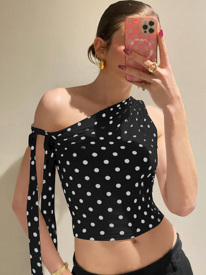 Trendy Polka Dot Off-Shoulder Tie T-Shirt for Women