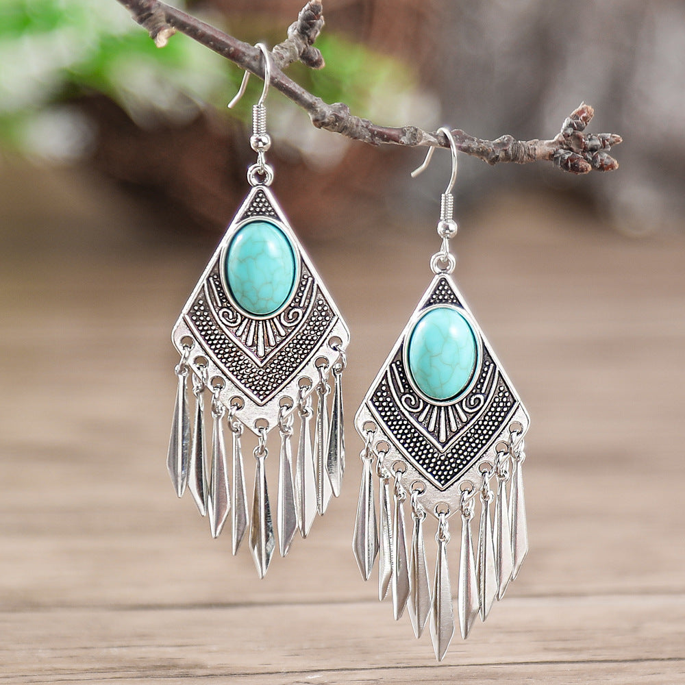 Diamond-Shaped Alloy Earrings with Turquoise Tassels for Women
