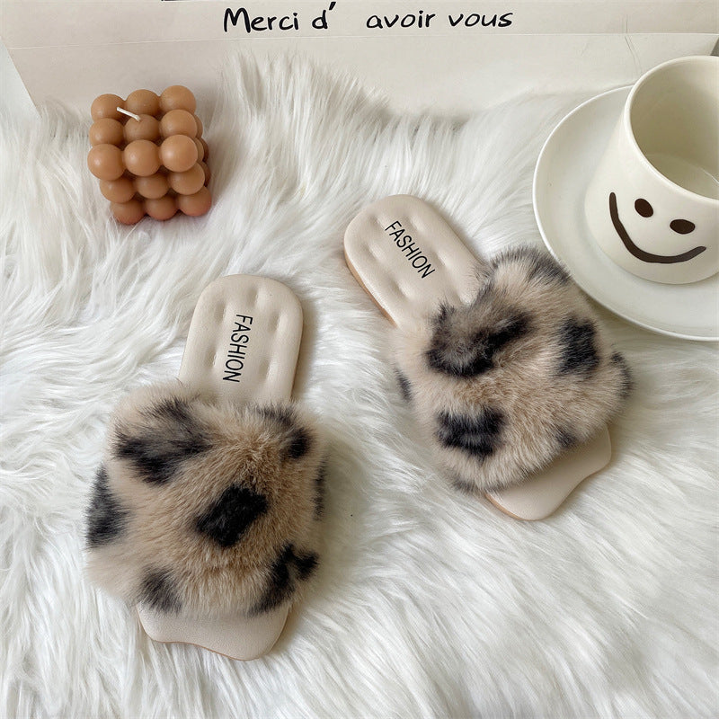 Fuzzy Faux Fur Leopard Print Slippers