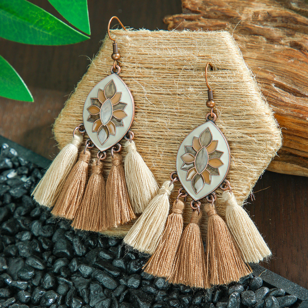 Bohemian Leaf Tassel Earrings Metal Leather Drop Dangle