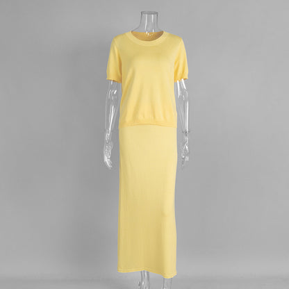 Knit Short Sleeve Skirt Set Solid Color Comfortable Casual