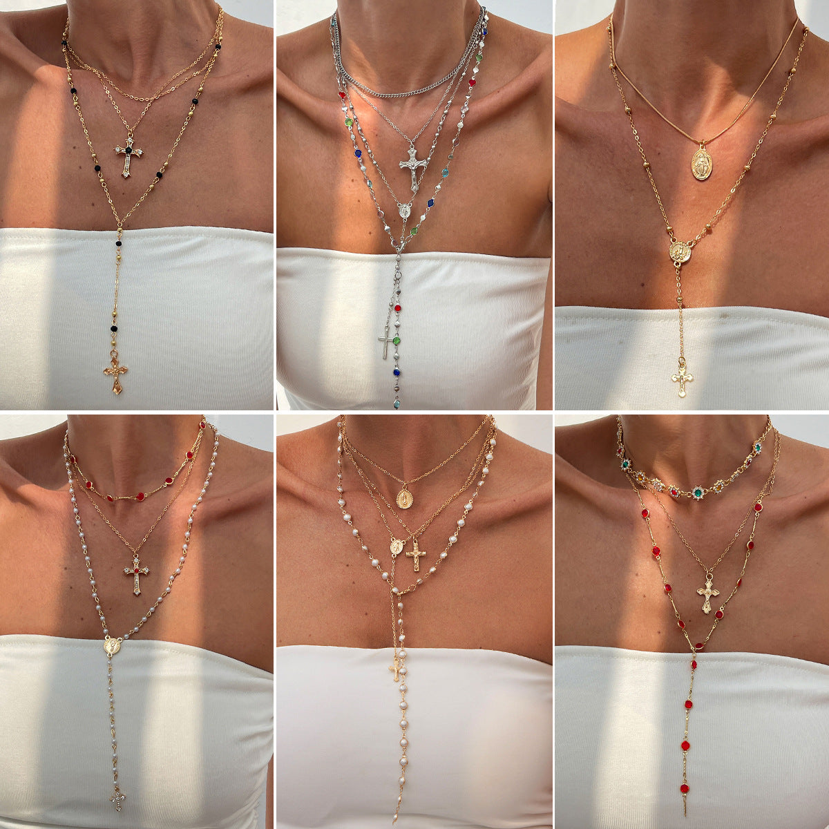 Hip Hop Cross Pendant Necklace With Imitation Pearl Chain