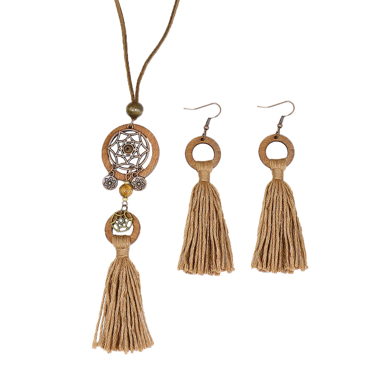 Bohemian Dreamcatcher Tassel Earrings and Wooden Necklace Set