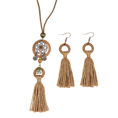 Bohemian Dreamcatcher Tassel Earrings and Wooden Necklace Set