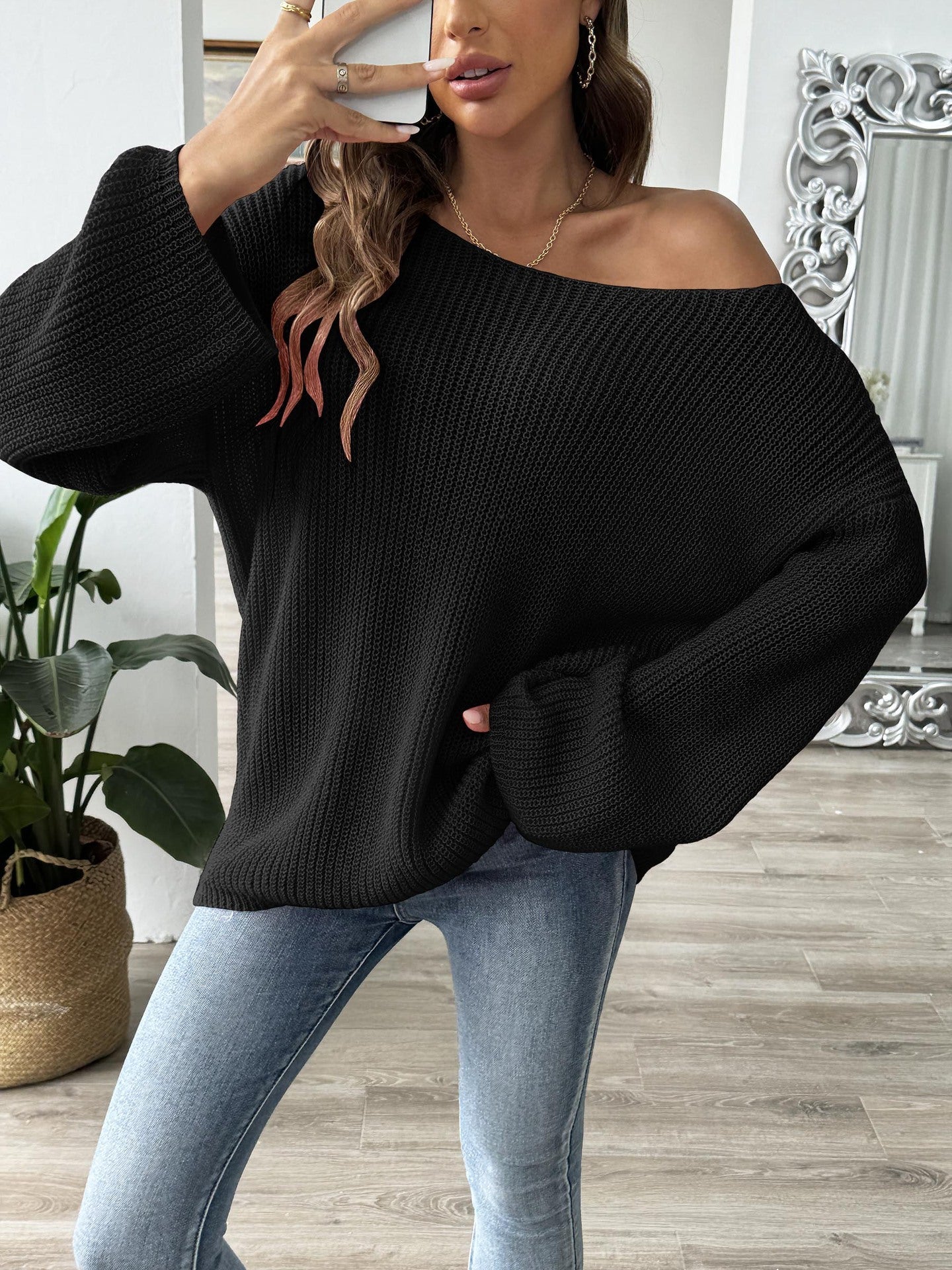 Women'S Off-Shoulder Pullover Sweater With Flare Sleeves
