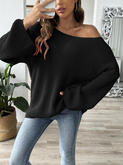 Women'S Off-Shoulder Pullover Sweater With Flare Sleeves