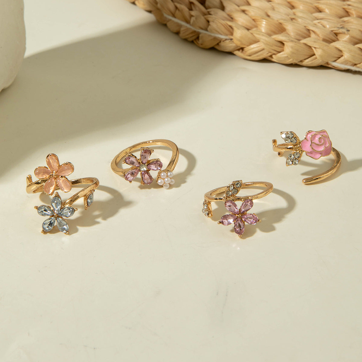 Flower Ring Set Gold Alloy Rings With Rhinestones And Pearls