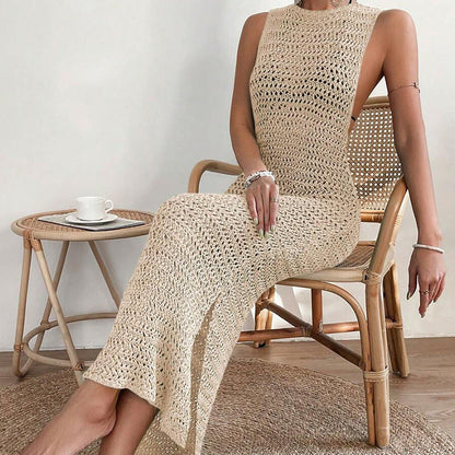 Solid Color Hollow Out Sexy Split Swim Cover Up