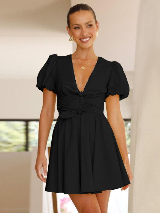 Sweet Lace Trim Deep V-Neck Puff Sleeve Dress