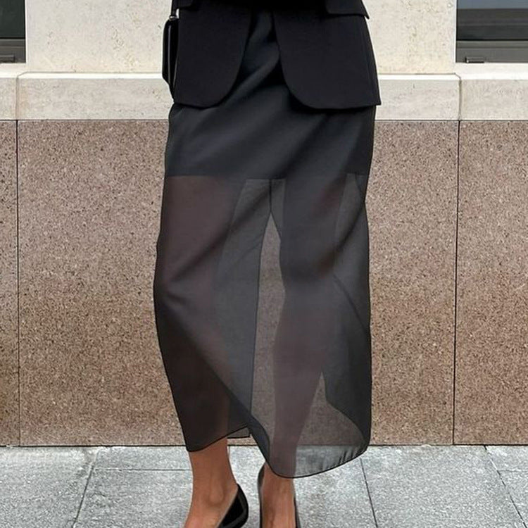 Fashionable Black Mesh Midi Skirt With High Waist Design