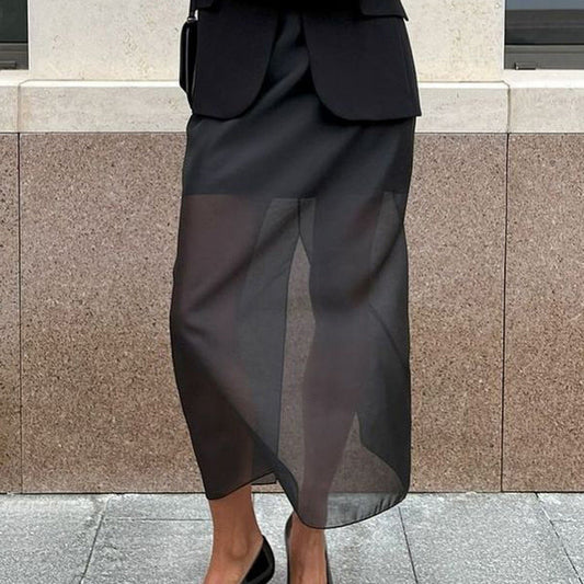 Fashionable Black Mesh Midi Skirt With High Waist Design