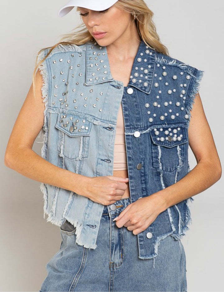 Denim Vest With Rhinestone Detail Loose-Fit Casual Top