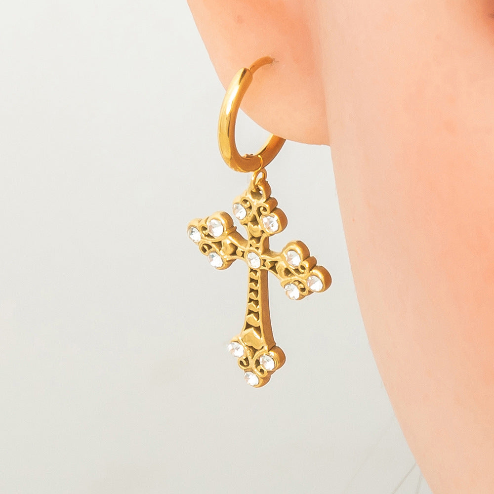 Gold Hollow Cross Earrings with Zircon Stones