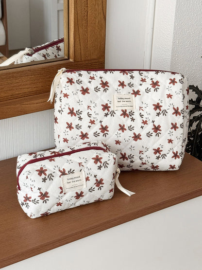 Orange Floral Corduroy Makeup Bag Spacious Outdoor Travel Toiletry Bag
