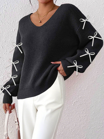 Ribbon Bow Detail V-Neck Sweater Casual Knit Top