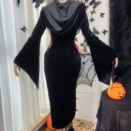 Dark Aesthetic Hooded Bell Sleeve Spider Web Dress