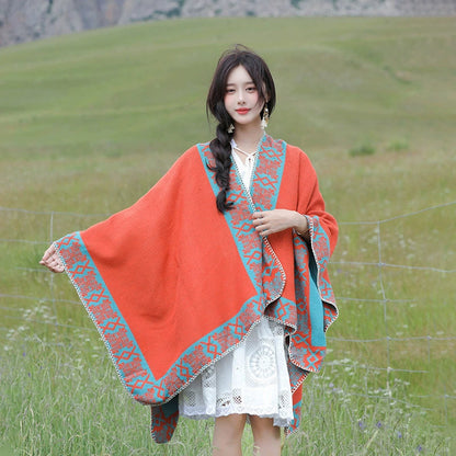 Tibetan Great Retro Totem Red Warm Outer Shawl Women'S Scarf Autumn And Winter Cloak Big Cloak