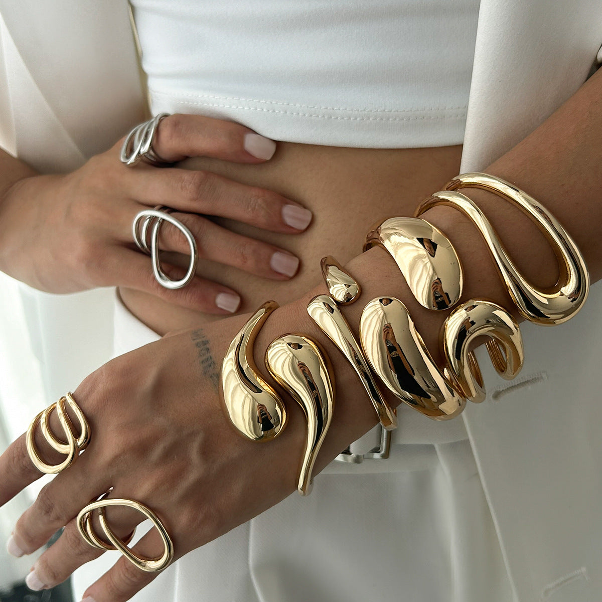 Irregular Layered Alloy Bracelets Set with Water Drop Design