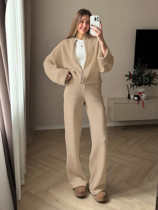 Casual Knitted Long Sleeve Top And Wide Leg Pants Set