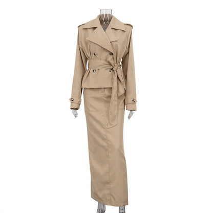 Chic Two-Piece Midi Skirt and Long Sleeve Trench Coat Set