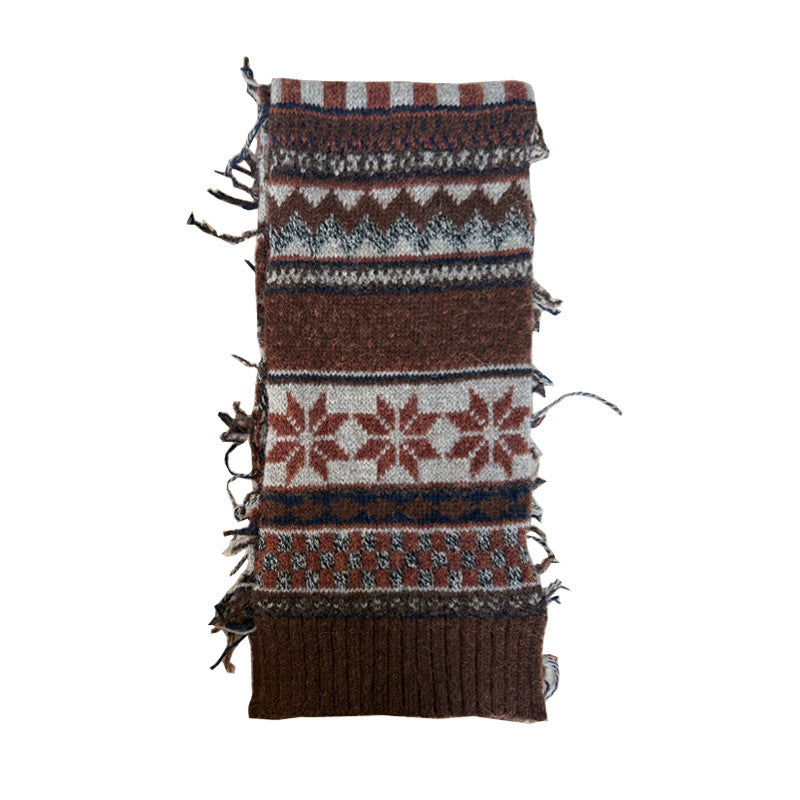 Fair Isle Pattern Knit Scarf Women's Retro Wool Blend Winter Accessory