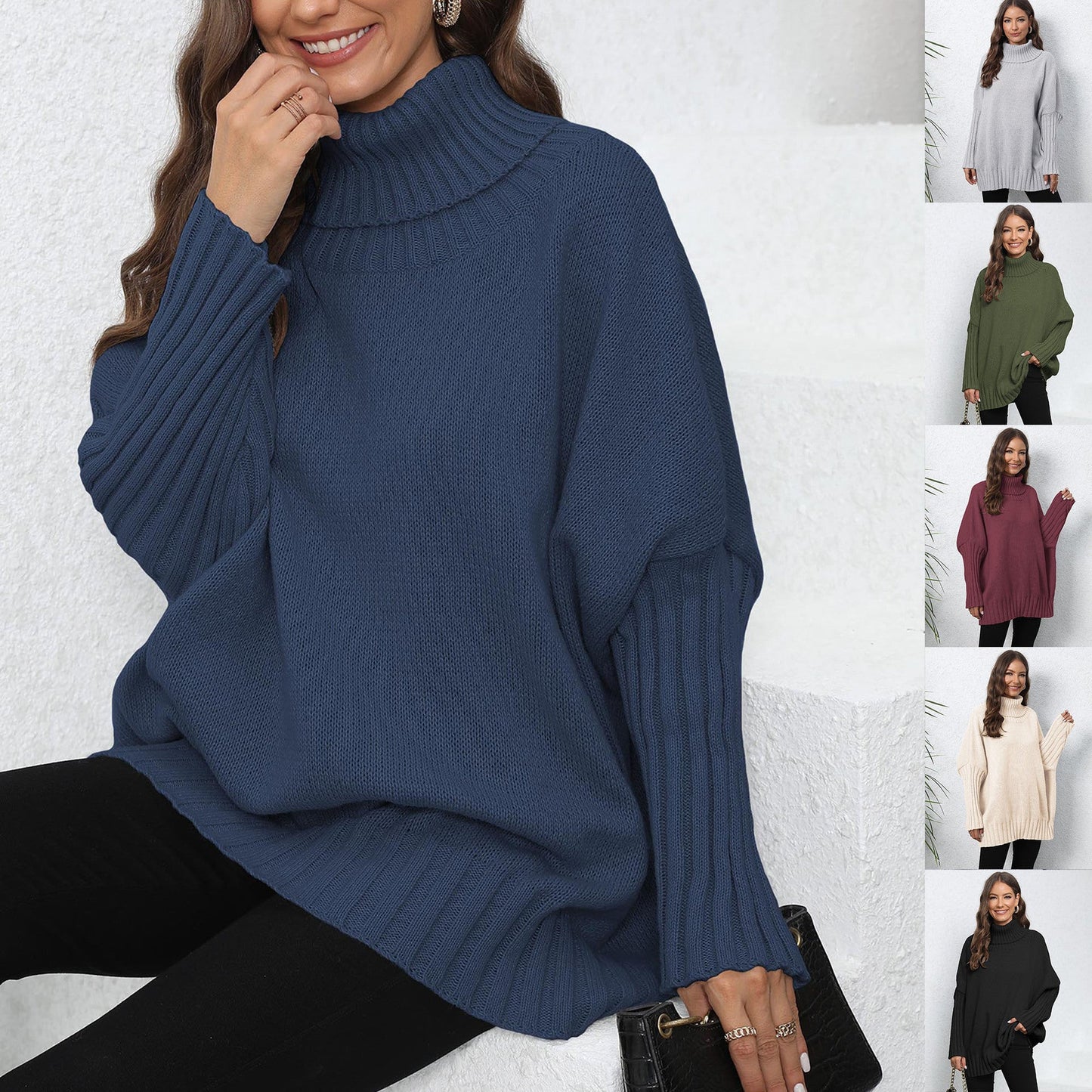 Loose Fit High Neck Knit Sweater In Solid Colors