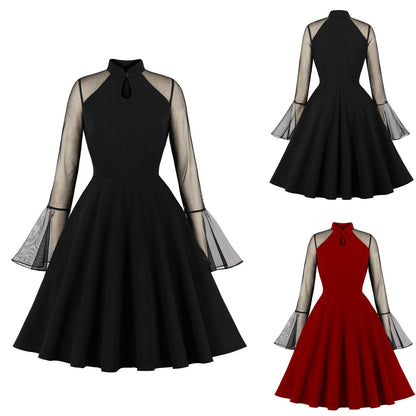 Vintage Bell Sleeve Mesh Panel Midi Dress