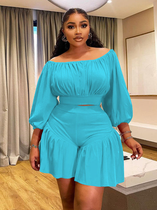 New Plus Size Two-Piece Women'S Set With Ruffled Off-Shoulder Design
