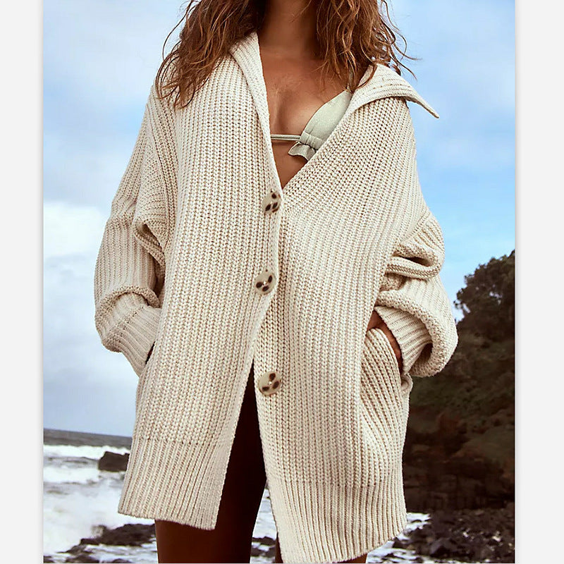 New Women'S Solid Color Lapel Pocket Knitted Cardigan Button Long Coat In Autumn And Winter