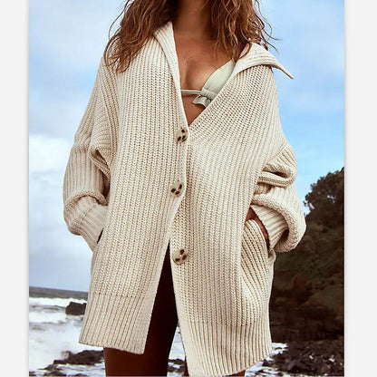 New Women'S Solid Color Lapel Pocket Knitted Cardigan Button Long Coat In Autumn And Winter