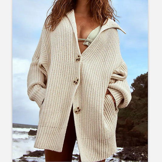 New Women'S Solid Color Lapel Pocket Knitted Cardigan Button Long Coat In Autumn And Winter