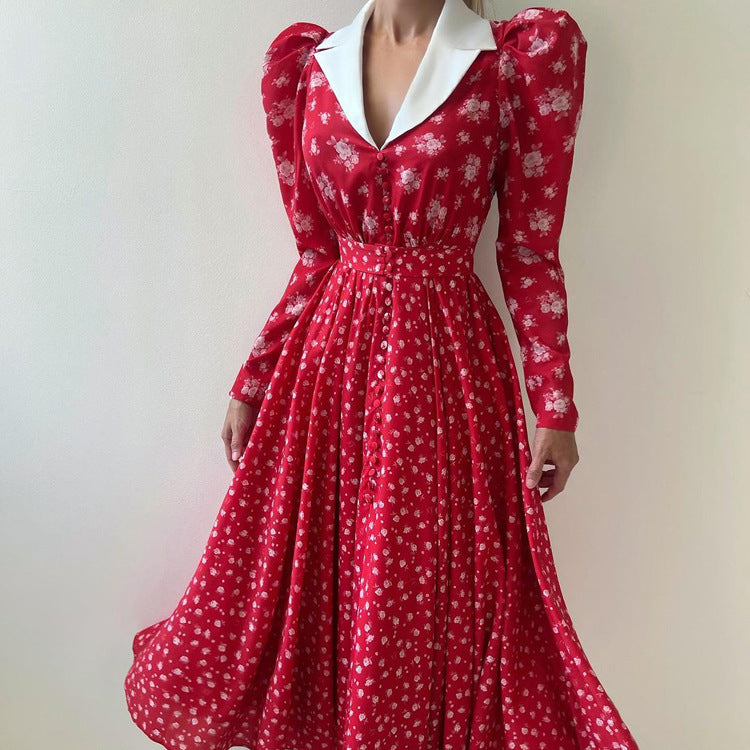Color Block French Design A-Line Dress Elegant Floral Long Sleeve