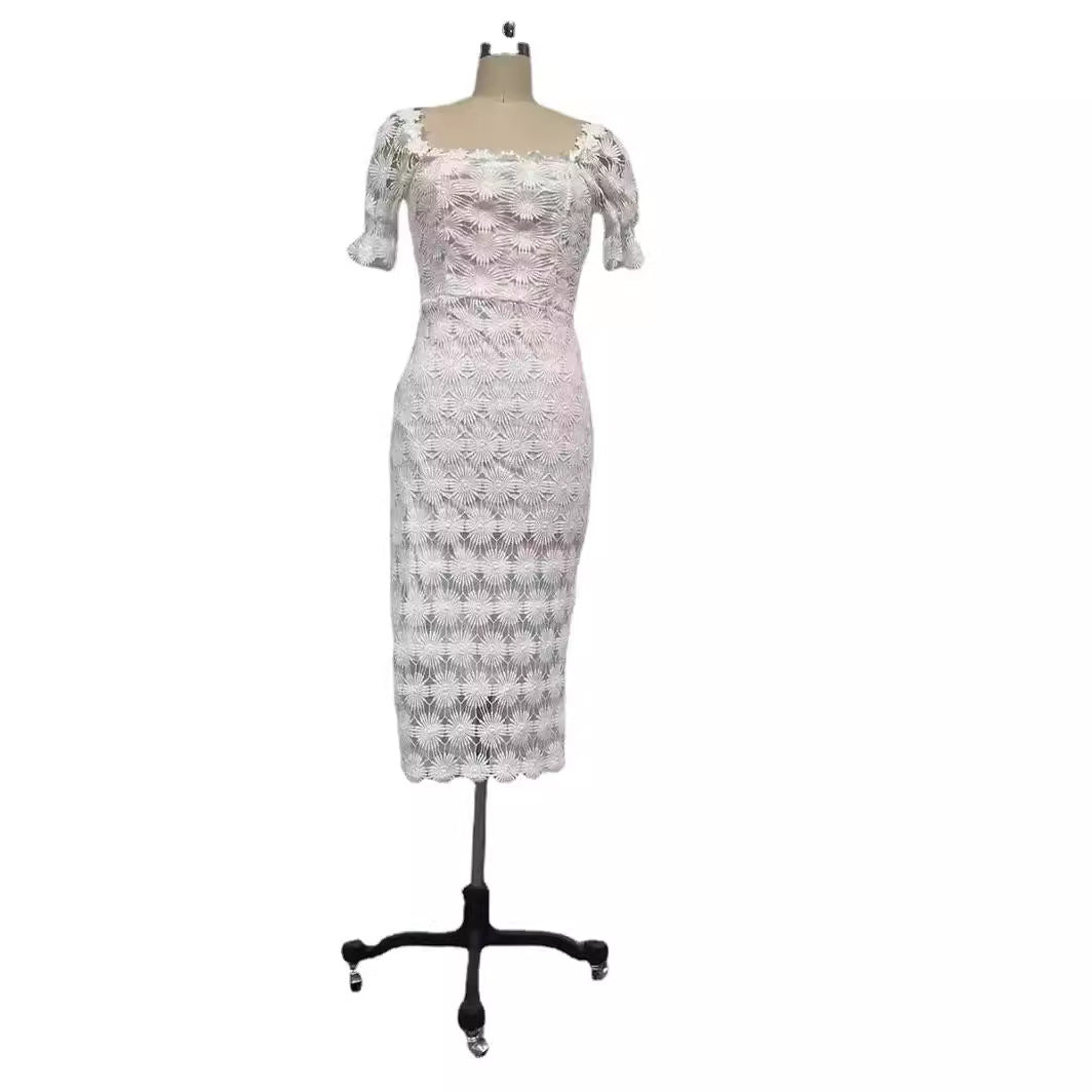 Chic Lace Midi Dress V-Neck Comfortable Office Style
