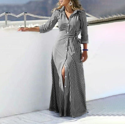Cotton And Linen Yarn-Dyed Sliver Women'S Cardigan Belt High-End Loose Seven-Quarter Sleeve Temperament Casual Dress