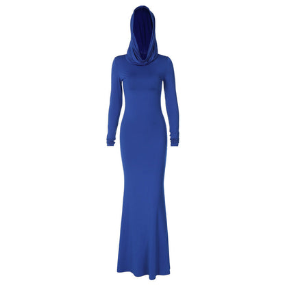 Elegant Red Hooded Long Sleeve Dress