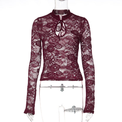 Fashionable Sheer Lace Long Sleeve Top