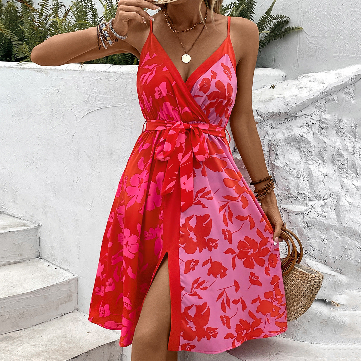 New V-Neck Lace Up Split Dress For Women