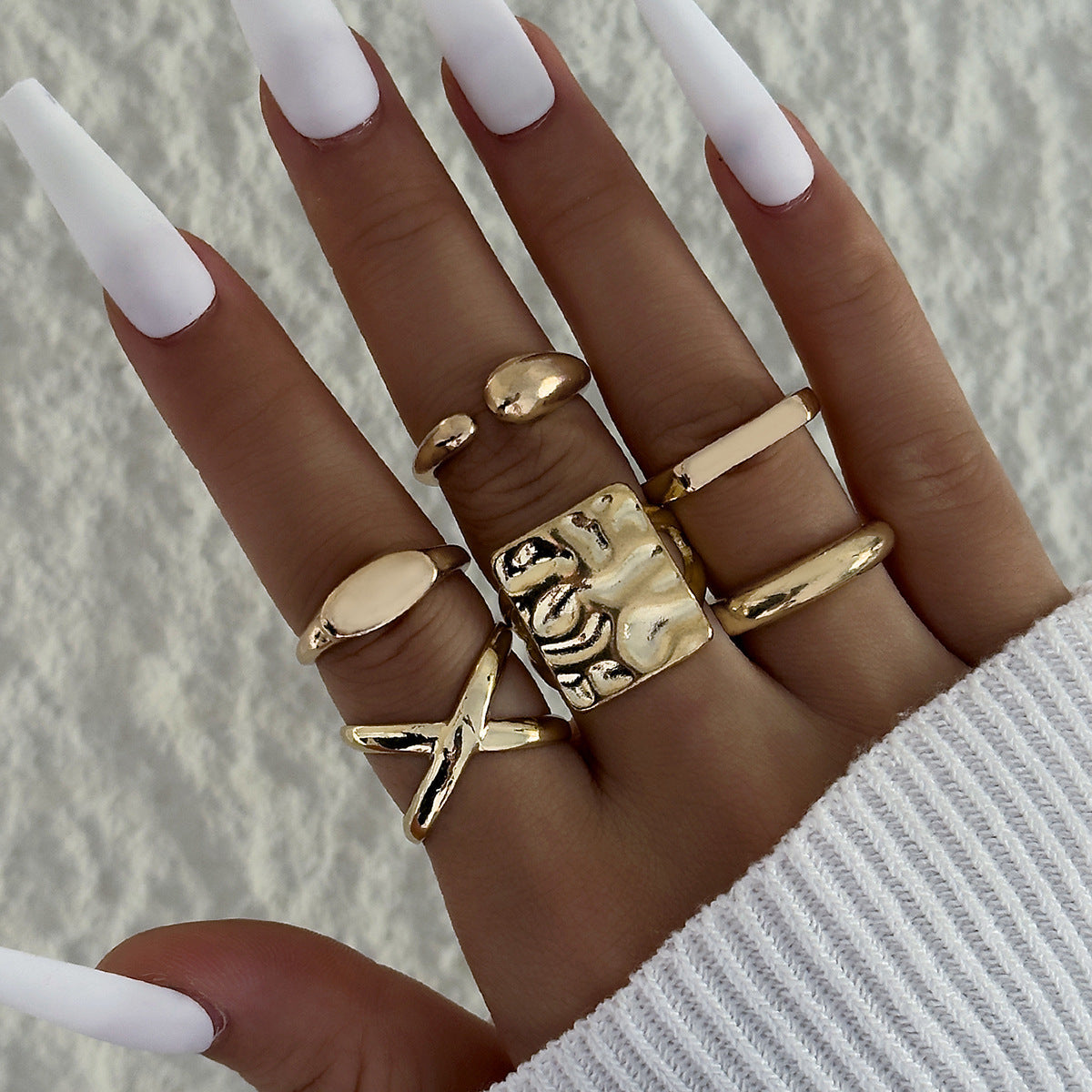 Geometric Hollow Statement Ring Set Stylish Mixed Metal Rings