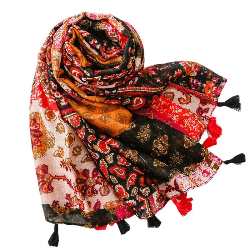 Retro Ethnic Sunscreen Shawl Bohemian Holiday Cotton And Linen Feel Scarf With Silver Wire