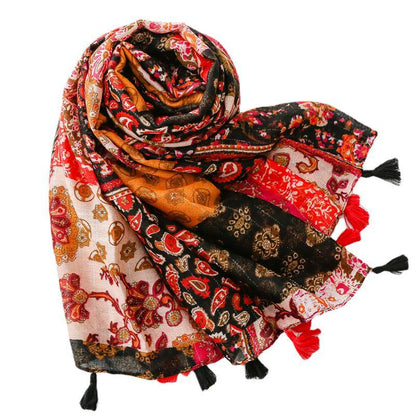 Retro Ethnic Sunscreen Shawl Bohemian Holiday Cotton And Linen Feel Scarf With Silver Wire