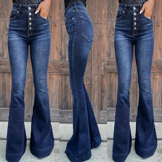 High-Waisted Flared Jeans Trendy Casual Denim Pants