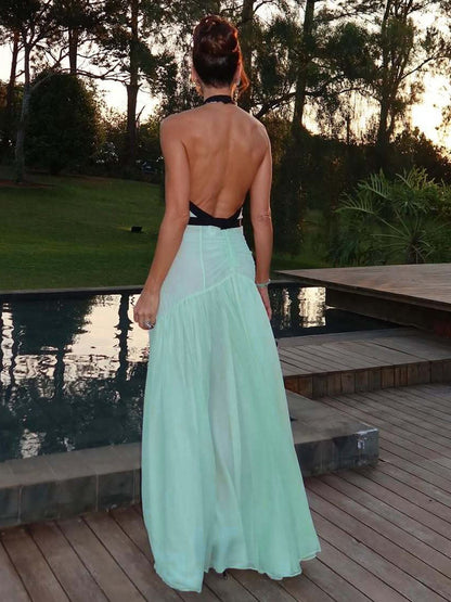 Sexy Deep V Neck Halter Lace-Up Backless Mesh Color Block Maxi Dress