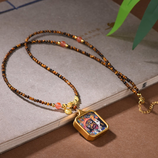 New Tibetan Natural Tiger'S Eye Stone Necklace Tibetan Style Zakiram God Of Wealth Thangka Pendant Collarbone Chain Simple Light Luxury Decoration