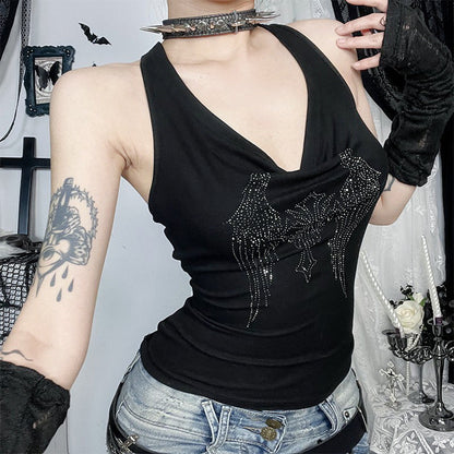 Dark Cross Letter Print Backless Neckline Tank Top