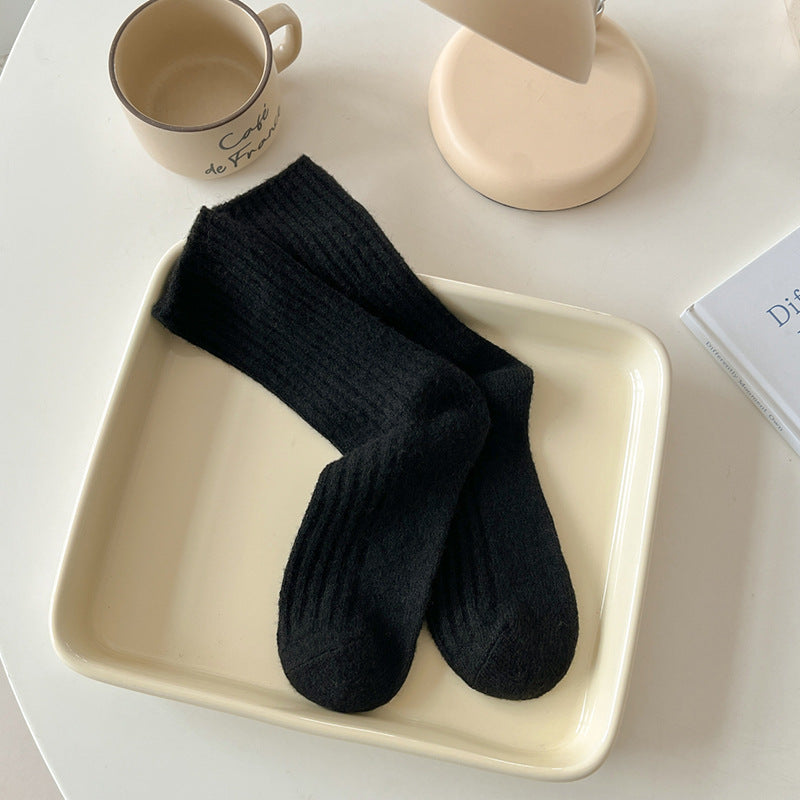 Solid Color Striped Thicken Plush Wool Crew Socks