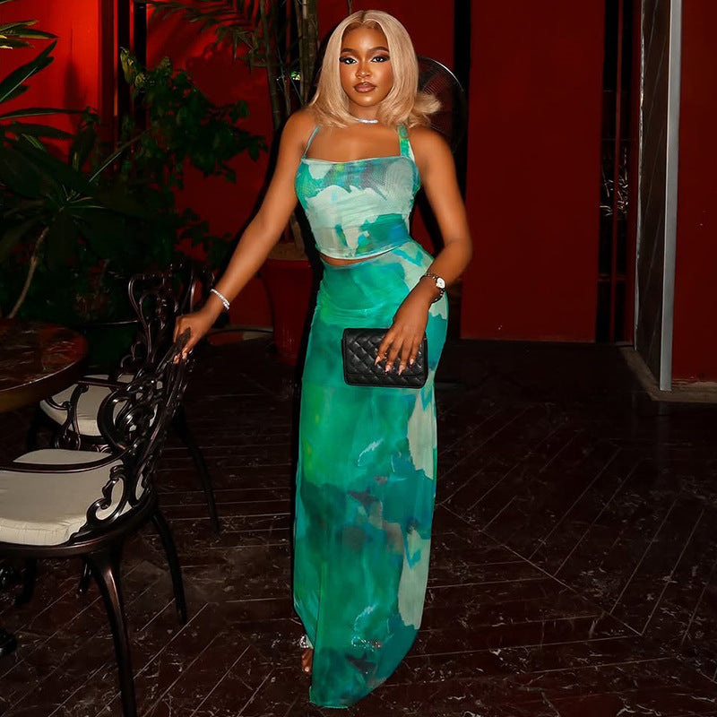 Color Block Long Dress Set Sleeveless Bodycon Outfit