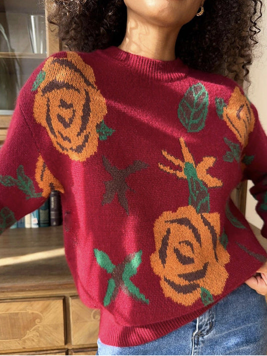 Vintage Round Neck Floral Woven Knit Top