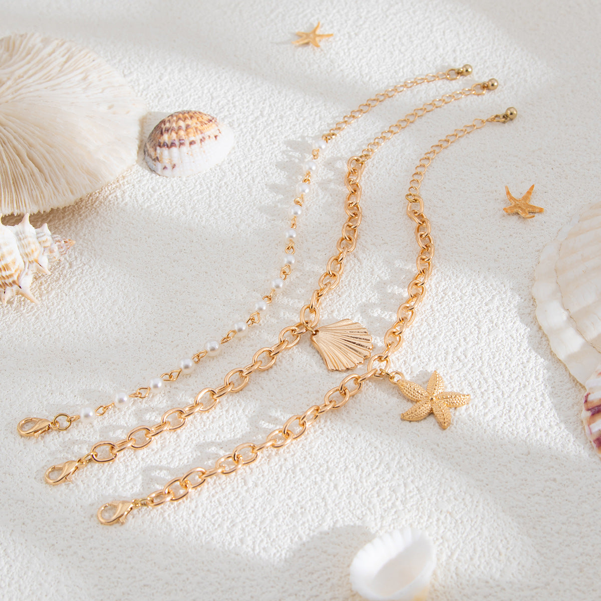 Starfish Shell Pendant Necklace Layered Metal Chain Jewelry