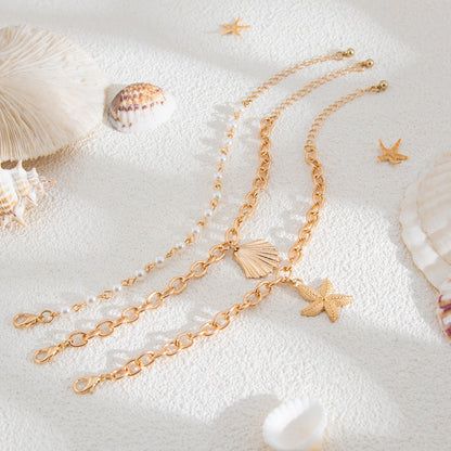 Starfish Shell Pendant Necklace Layered Metal Chain Jewelry